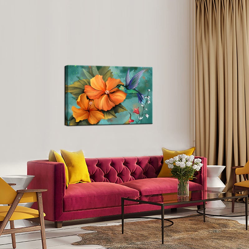LevvArts Burn Orange and Teal Wall Art Decor Hummingbird Painting Prints Hawaii Hibiscus Flower Canvas Picture Vintage Living Room Bedroom Decorations 24x36 - Image 3
